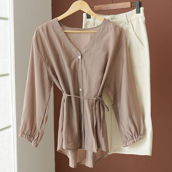 

womens blouse 2020 autumn new v-neck shirt elegant office lady solid color women shirts, White