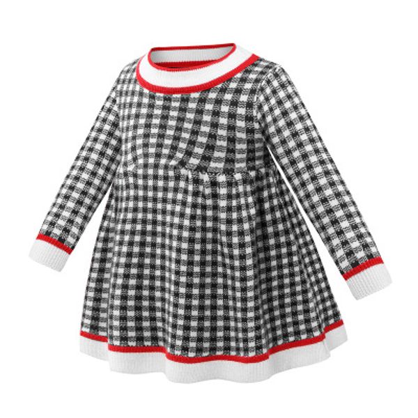 

girls designer dress children autumn winter dresses kids sweater knitted skirts new sweet princess dress girls long sleeve plaid cloth, Red;yellow