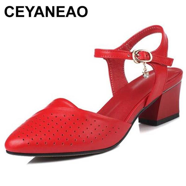 

ceyaneao2020 women shoes sandals summer new genuine leather women sandals pointed fashion wedding shoes red hole dress, Black