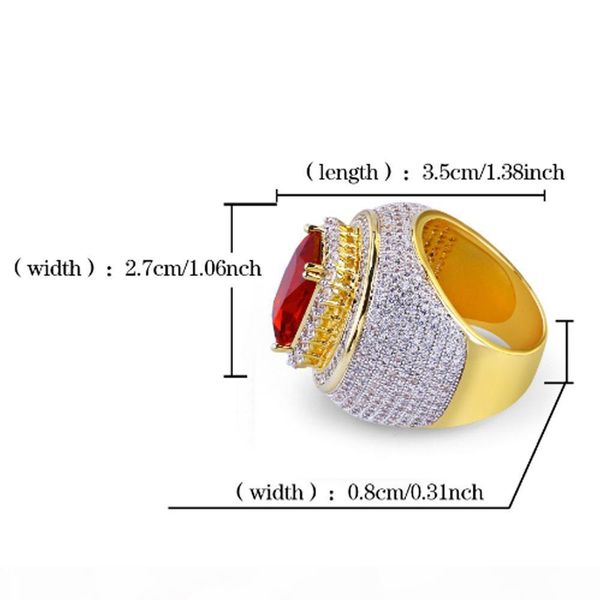 

o men luxury hip hop red ruby rings micro pave cubic zirconia bling bling simulated diamonds 18k gold plated ring, Golden;silver