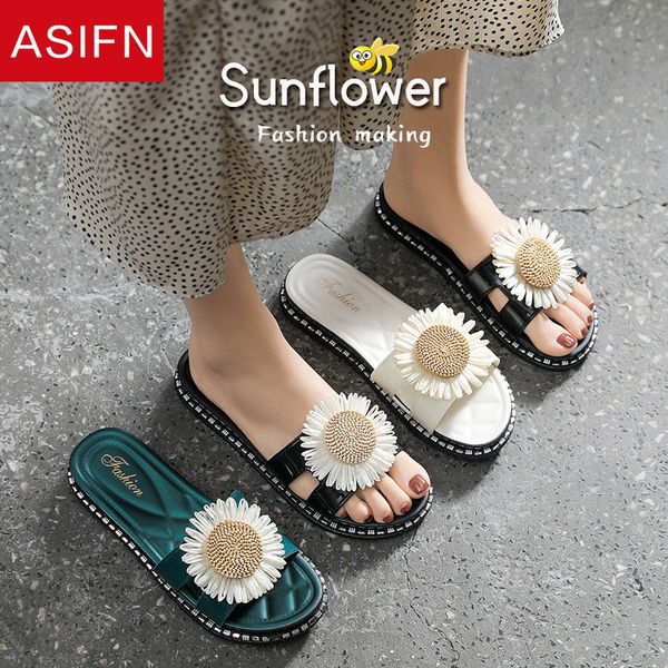 

asifn симпатичные sunflows сандалии женщин тапочки модный летний стиль плоский песочная открытый пляж для отдыха элегантные слайды женская о, Black