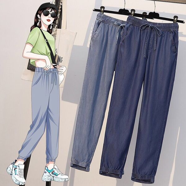 

large size women's 2020 summer new fat mm loose slimming ice silk casual pants jeans and jeans elastic waist all-match casual pants, Blue
