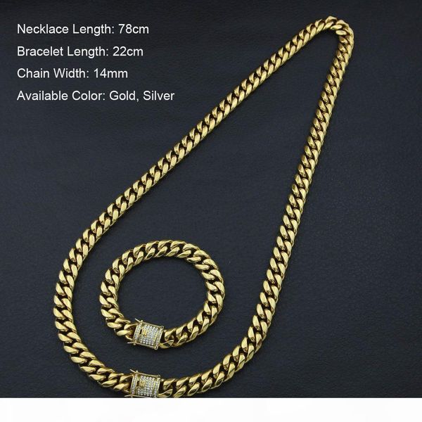

нержавеющая сталь 24k solid gold гальванических кастинг застежка w алмазный кубинский link ожерелье браслет для мужчин снаряженная цепи jewe, Silver