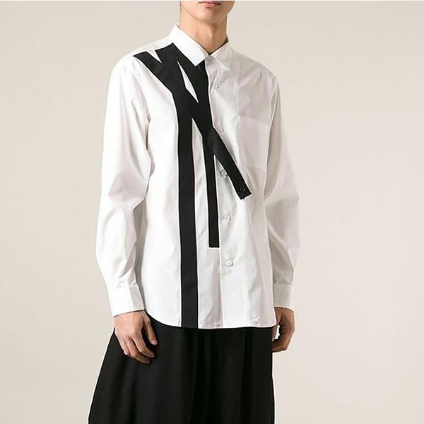 

s-7xl 2020 men's casual shirt black strip stitching irregular asymmetric classic, White;black
