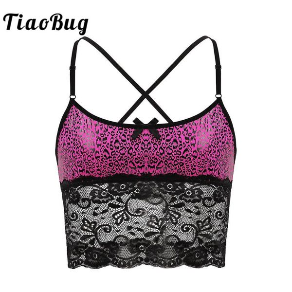 

bras sets men's erotic sissy lingerie leopard printed adjustable straps lace splice camisole crop nightwear male gay underwear, Red;black