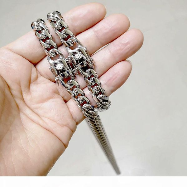 

mens jewelry sets stainless steel hip hop cuban chains double safety clasps chokers necklaces curb link bracelets 8mm 0mm 12mm, Silver