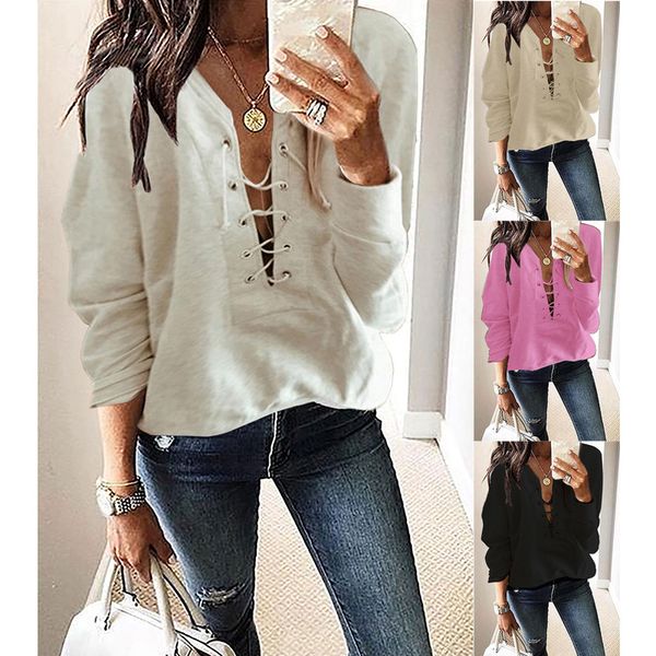 

women sweatshirt hoodies lace up long sleeve pullover jumper casaul loose tee plus size streetwear autumn sports shirts, Black