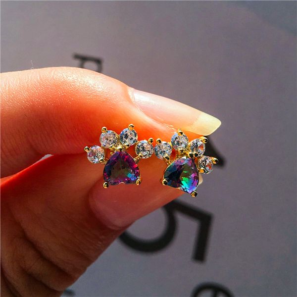 

charm female rainbow stone stud earrings boho yellow gold wedding earrings cute small dog cat claw for women, Golden;silver