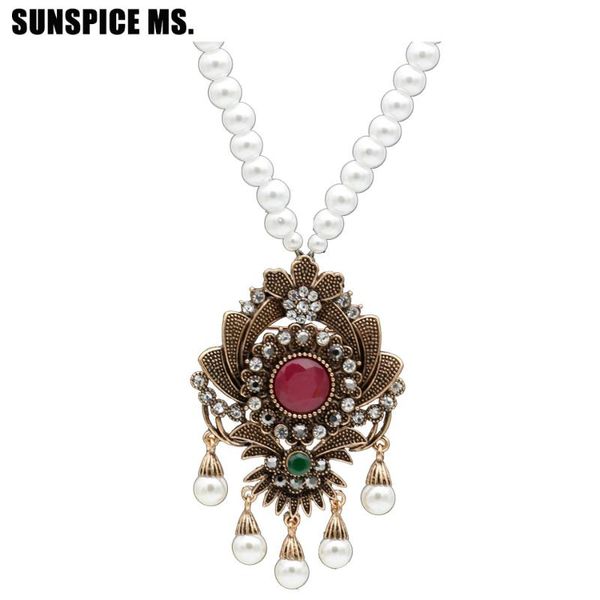 

vintage flower strand bead pendant necklace set women antique simulated-pearl chain turkish wedding resin corsage jewelry, Silver