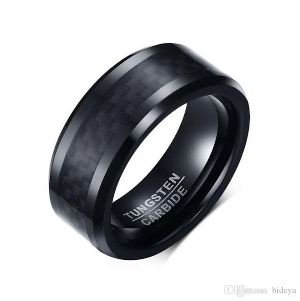 

8mm tungsten carbide ring black carbon fiber inlay and beveled edges wedding band man jewelry accessories wholesale retail, Silver