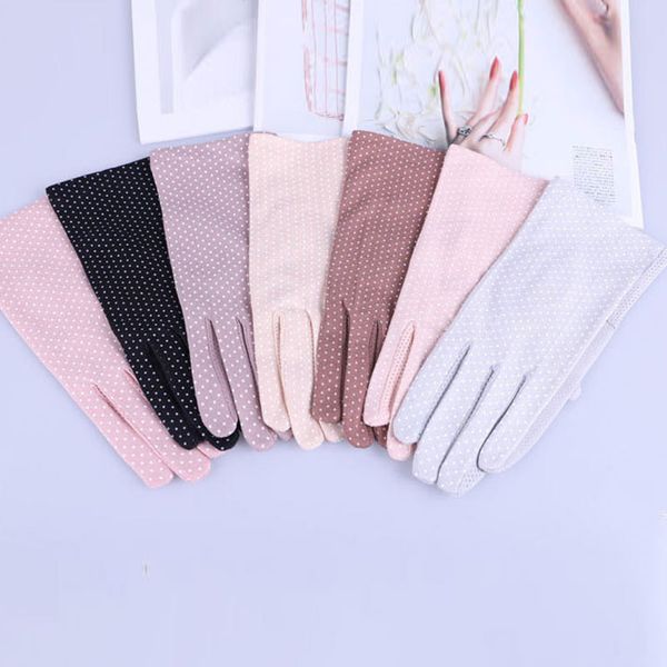

1 pairs women gloves mittens touch screen uv sunscreen driving gloves black short sun polka dot cotton thin, Blue;gray