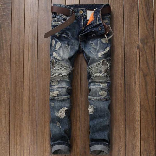 

men's straight long european american retro jean autumn winter locomotive wrinkles and holes patch fashion jeans, Blue