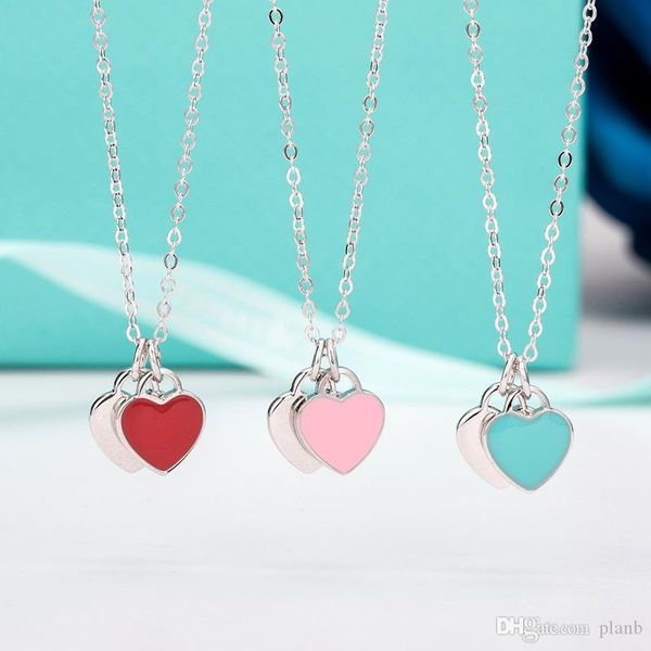

100% real 925 sterling silver necklaces blue/pink/red enamel love heart pendant women wedding gift jewelry chain necklace with original box