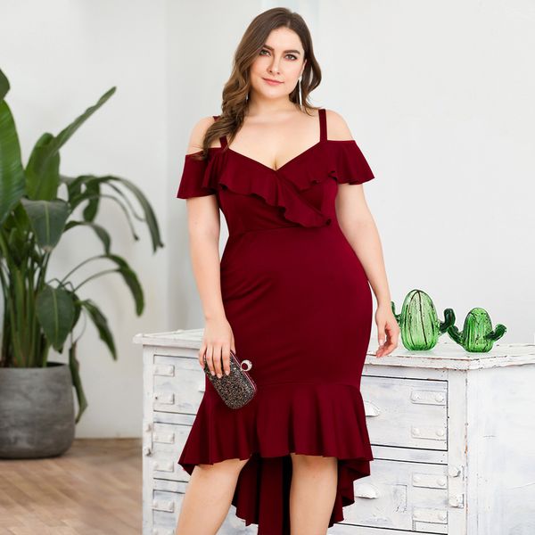 

plus size cocktail dresses ruffles v-neck spaghetti straps draped knee-length burgundy mermaid party gowns vestidos, White;black