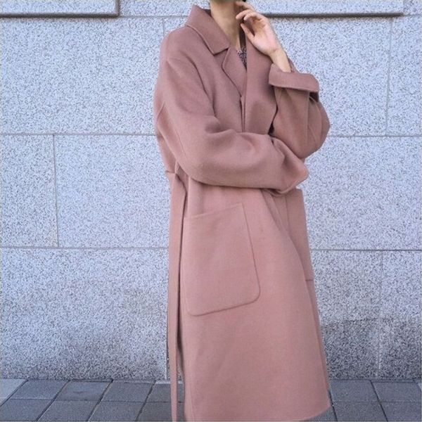 

women winter elegant pink long wool coat turn down collar cardigan overcoat with belt long sleeve loose jacket with big pocket, Black