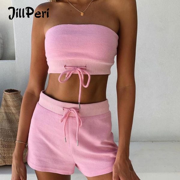 

jillperi women summer strapless crop and shorts 2 piece set pink yellow tie hoodie casual outfit solid comfort lounge set, White
