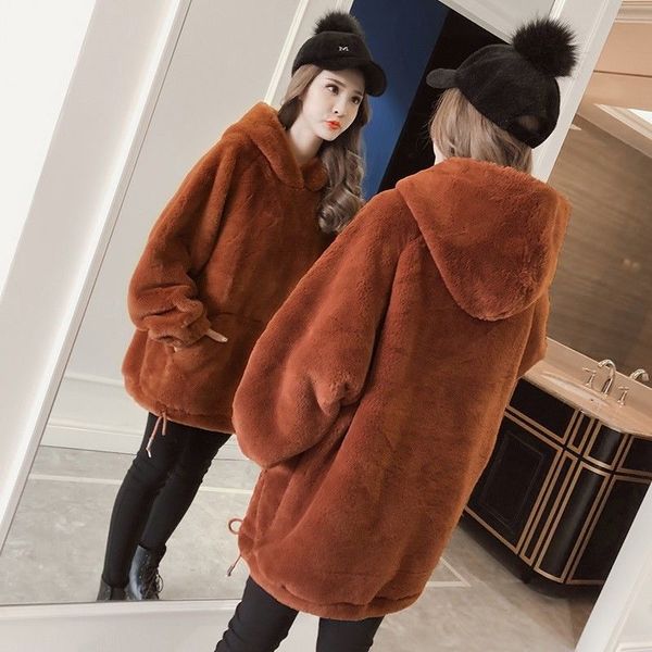

women's trench coats lady's cute slipper loose winter warm faux fur hoodie jacket pullover ace-0014, Tan;black