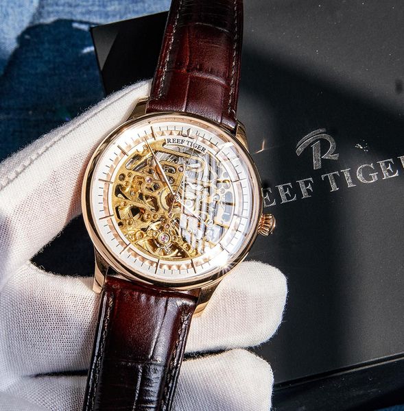 

reef tiger/rt designer skeleton mens watch steel case calfskin leather automatic wrist watch rga1975, Silver