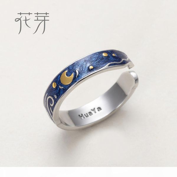 

thaya genuine s925 silver ring van gogh's glitter deer sky gold moon star finger ring bohemian vintage jewelry for women y1892606, Slivery;golden