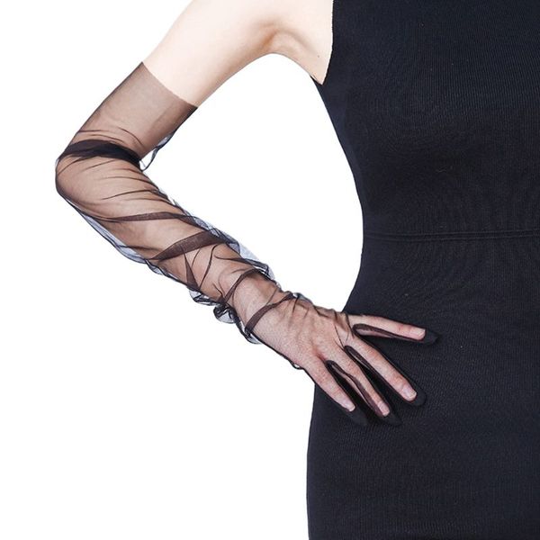 

womens ultra thin tulle long wedding gloves solid color sheer transparent mittens bridal gloves, White