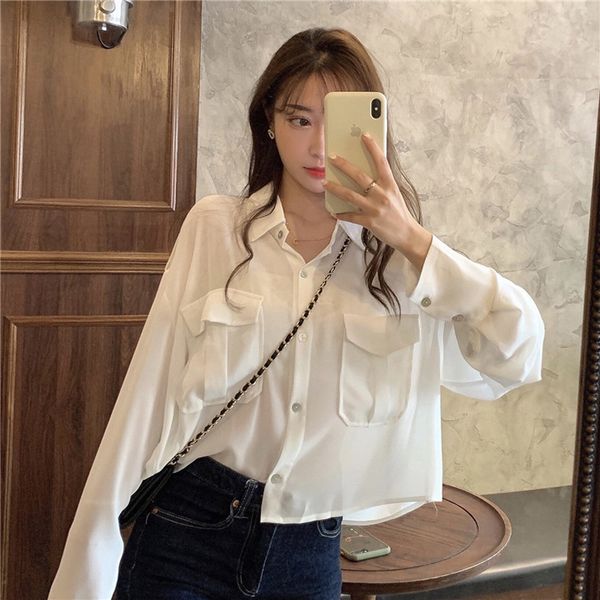 

2020 new loose all-match simple style short sunscreen student shirt long sleeve shirt women's wear student, White