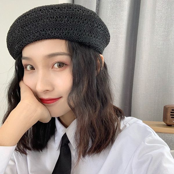 

female summer hollow breathable beret thin all-match british painter net red ins sunshade painter hat beret hat, Blue;gray