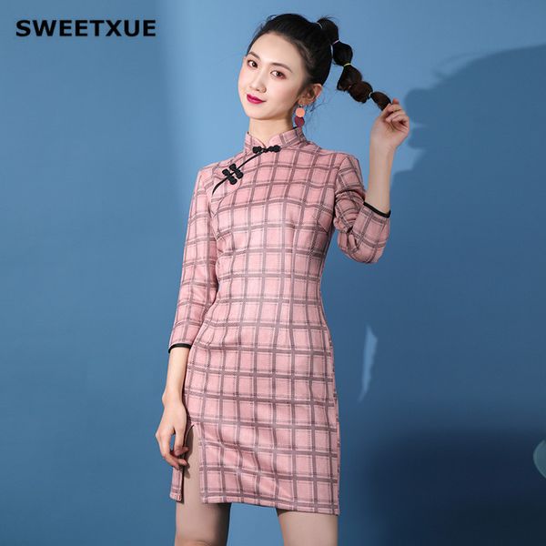

sweetxue women real scheck cheongsam modern deerskin 3/4 sleeve girl improved version elegant short dresses, Black;gray