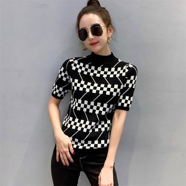 

2020 thin female short-sleeved designer sweater casual fashion half turtleneck t-shirt spring and summer new ladies clothing s-xl, White;black
