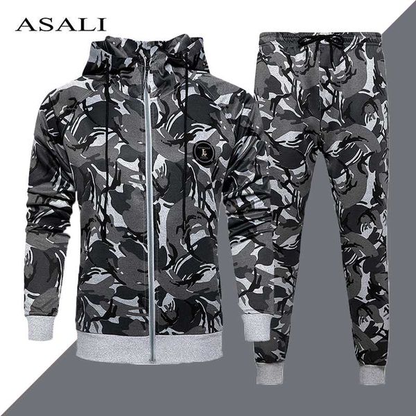 

tracksuit men two pieces set mens camouflage sportswear male hoodie jacket+ pants sweatsuit casual hoodies tracksuits outdoor, Gray