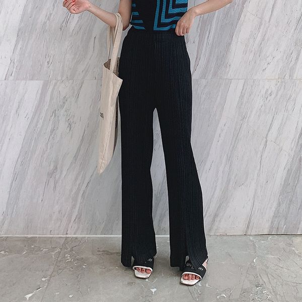 

plus size pants for women 45-75kg 2020 new elastic loose miyake pleated front split high waist casual straight pants full length, Black;white