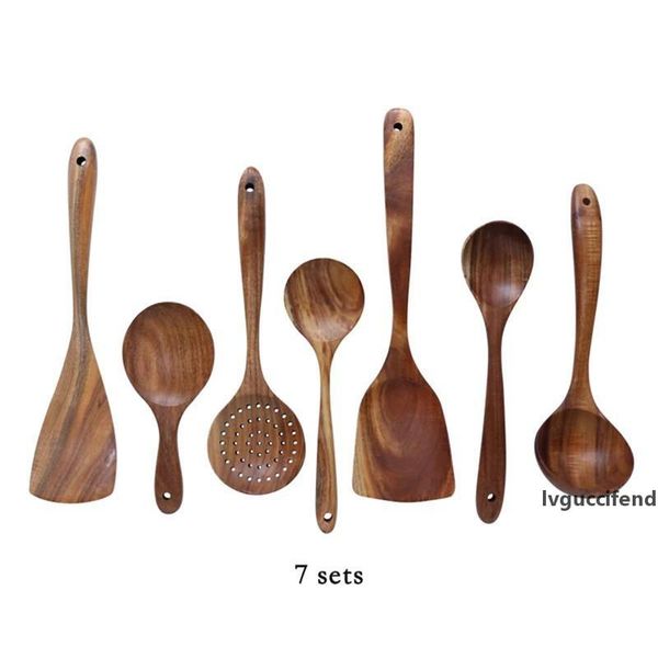 

7pcs/set teak natural wood tableware spoon ladle turner rice colander soup skimmer cooking spoon scoop kitchen reusable tool kit t200323