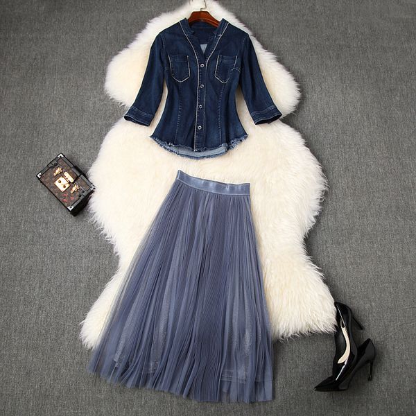 

summer suit women 2020 new fashion designers v neck denim and midi mesh skirt matching set female casual twinset, White;black