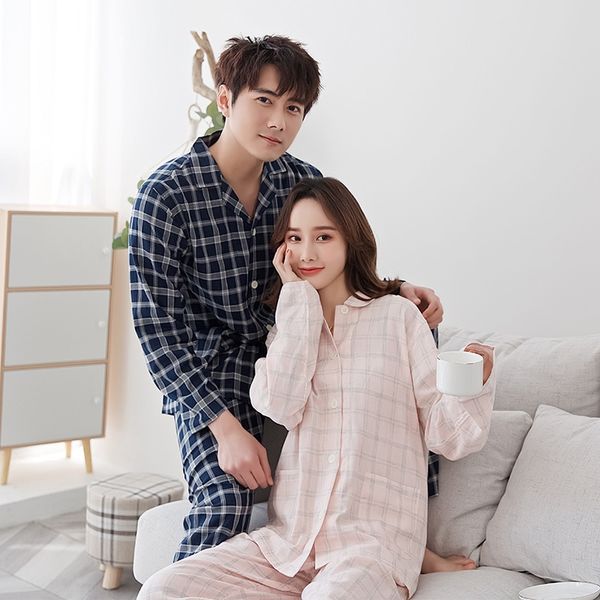

j6rte new print-couple home cotton clothes pajama double-layer gauze home clothes pajamas men's and women's cotton suit long sleev, Blue;red