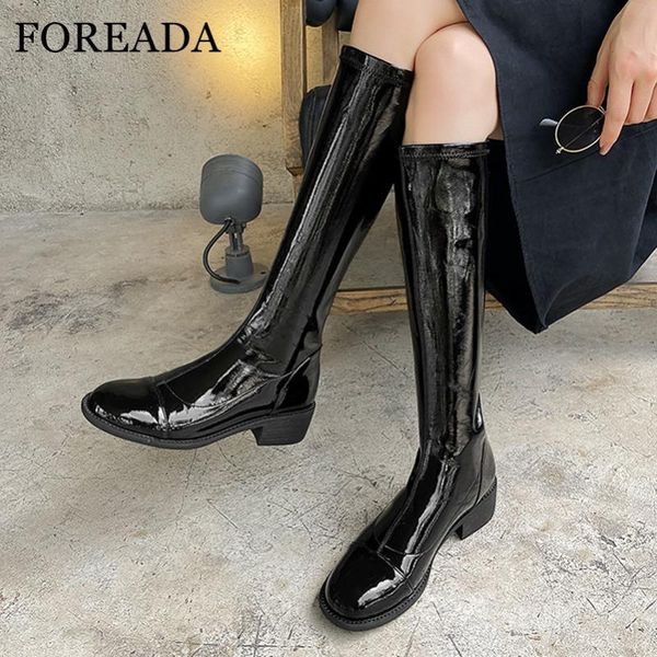 

foreada женщина boots med пятки колено высокие сапоги коренастый пятки длинные zip круглый носок женские туфли осень зима бежевый синий разм, Black