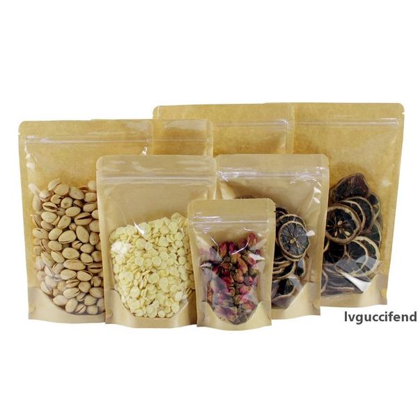 

kraft paper zipper lock food packing bags reusable plastic front transparent stand up pouch gift candy baking snack bag lx1800