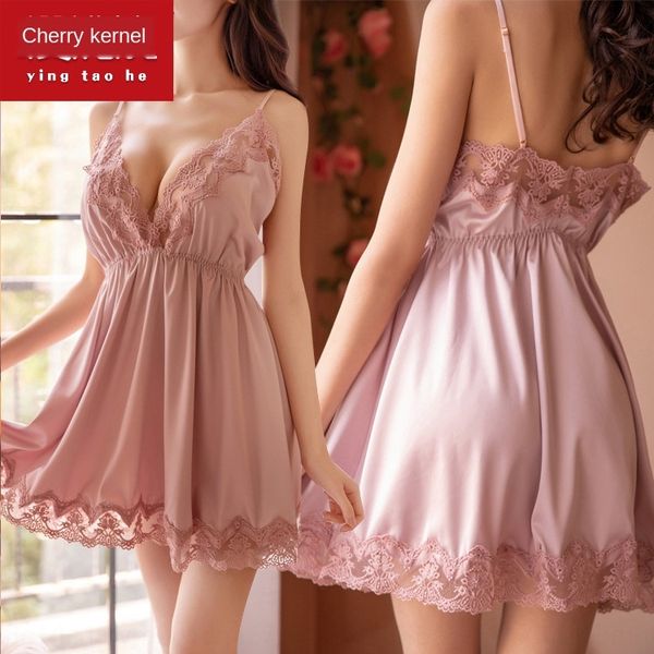 

cherry core new pure cute satin clothes sling home clothes loose thin sweet home wear sling nightdress, Blue;red