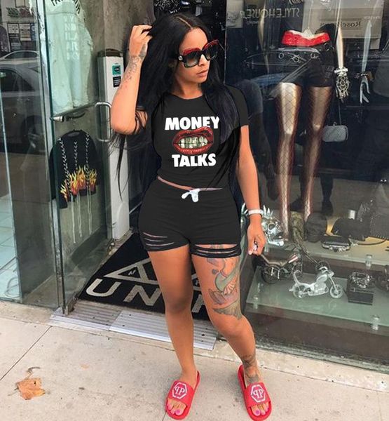 

letter print women short sets skinny short sleeve solid color womens 2pcs burn flowers casual two piece pants, White