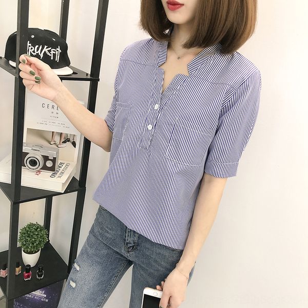 

корейский стиль все-матч 2019 летом новый случайный похудение стоять пуловеры воротник пуловер в полоску футболка женская топ мода, White