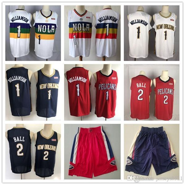 

mens new orleans pelicans throwback jersey zion 1 williamson lonzo 2 ball basketball shorts basketball jerseys purple white red, Black;red