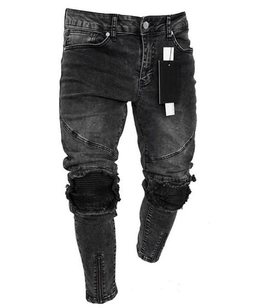 

mens designer jeans fashion ripped natural color pencil pants casual zipper fly skinny capris jeans mens clothes, Blue