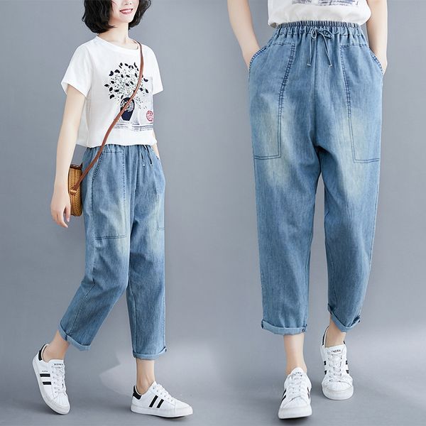 

wlykw 2020 летний новый корейский стиль большого размера брюки для похудения промывают щиколоток брюки и джинсы белые случайные джинсы женск, Blue