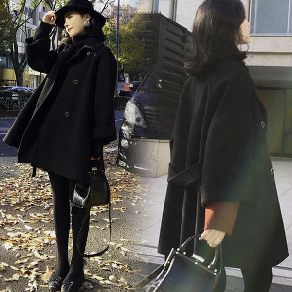

off-season double-sided cashmere overcoat wool wool women's small mid-length double-breasted hepburn style woolen coat online popular, Black