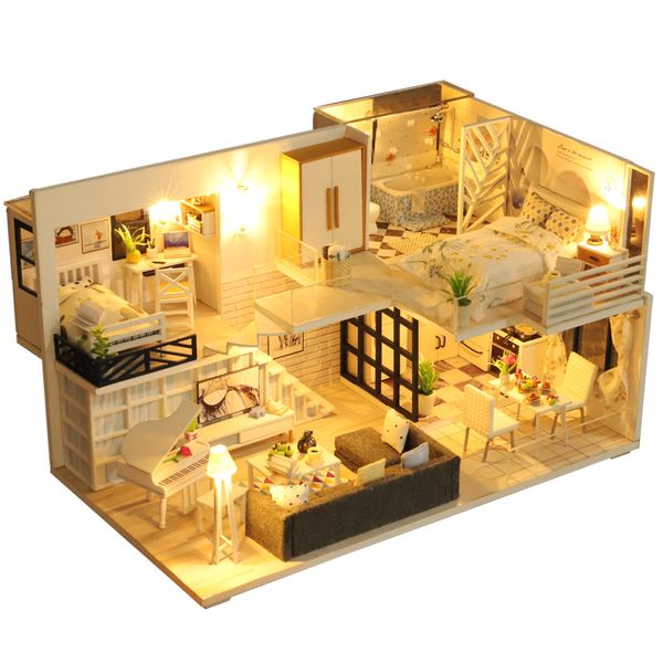 

doll house furniture wooden miniature diy kit with dust cover music box assemble crafts toy birthday gift for children girl mx200414
