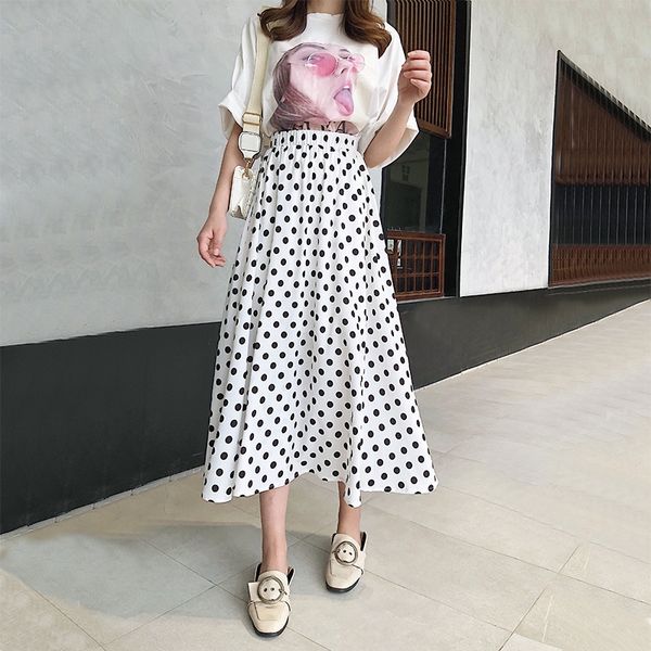 

dwluo 2020 chiffon polka dot tight long tight summer high waist slimming sheath skirt elastic waist large skirt casual medium-length dress w, Black