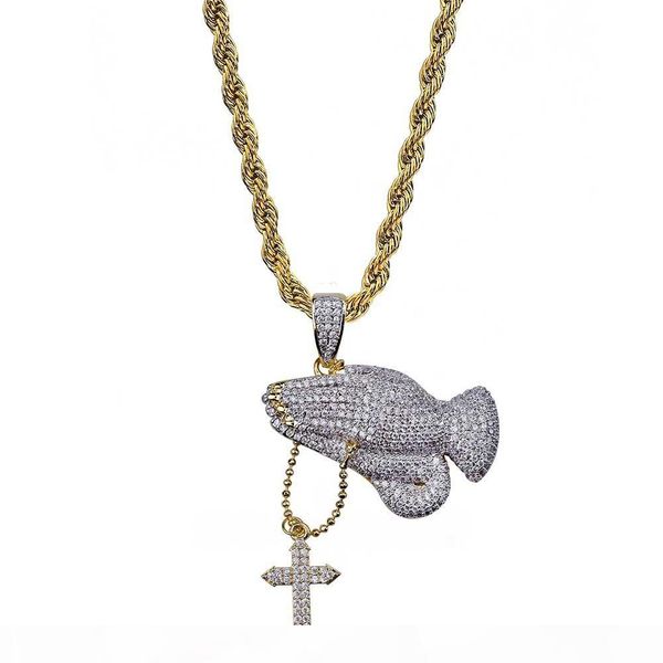 

copper gold plated jesus cross layered pendant necklace paved micro cubic zirconia praying hand charm chains easter day hiphop jewelry gift, Silver