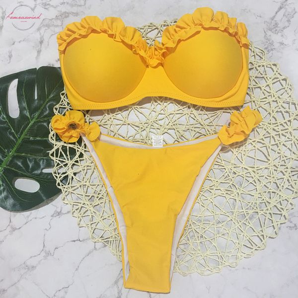 

yellow bikinis lace swimsuit push up swimwear bandeau female bathing suit women beach swim spandex wear brazilian biquini swimming suit, White;black