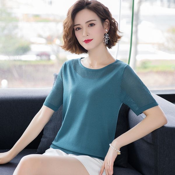 

relpt ice шелкового коротких рукава футболки женщины 2020 летняя новая полым из пуловеров западной стиля верхней футболки pulloverpullover p, White