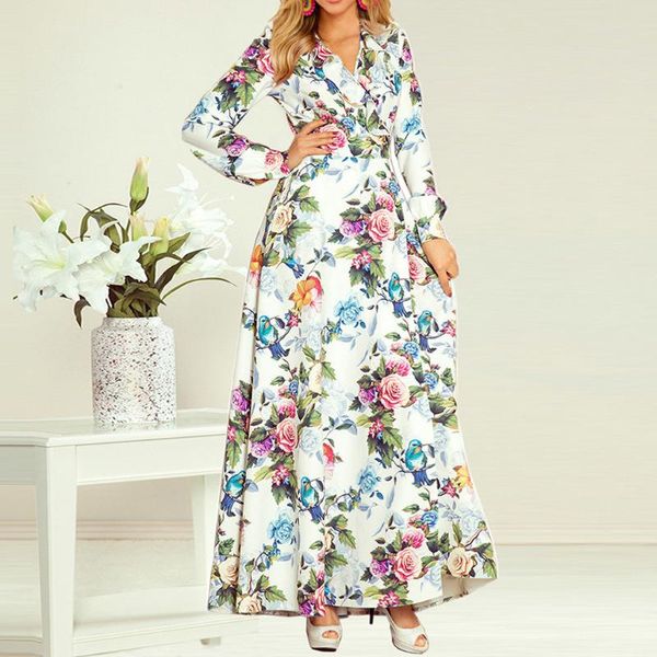 

casual dresses autumn arrival boho dress women holiday long sleeve maxi v neck floral print ladies flower sundress#3, Black;gray