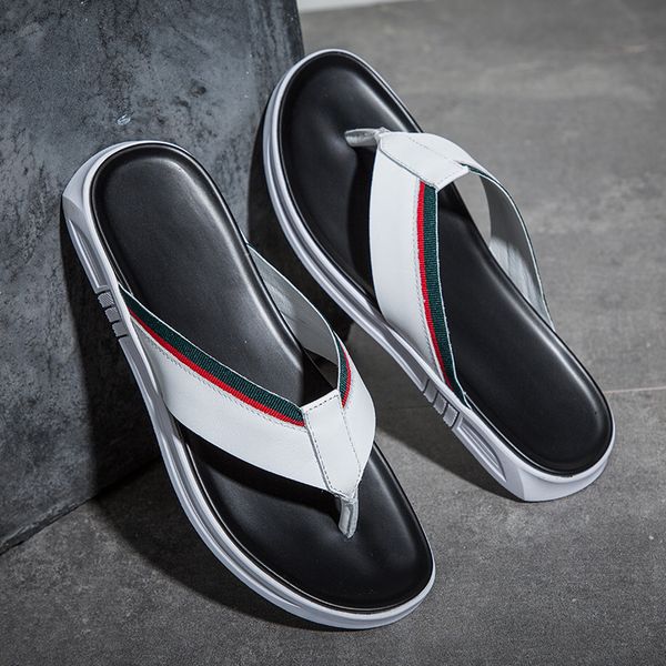 

2020 fashion summer men genuine leather casual slippers flats shoes outdoor comfortable beach sandals indoor non-slip flip-flops, Black