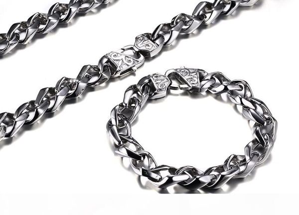 

2016 new exaggerated stainless steel high polished twisted chains necklace & bracelet 2pcs jewelry set men punk bangle fashion joyas, Silver